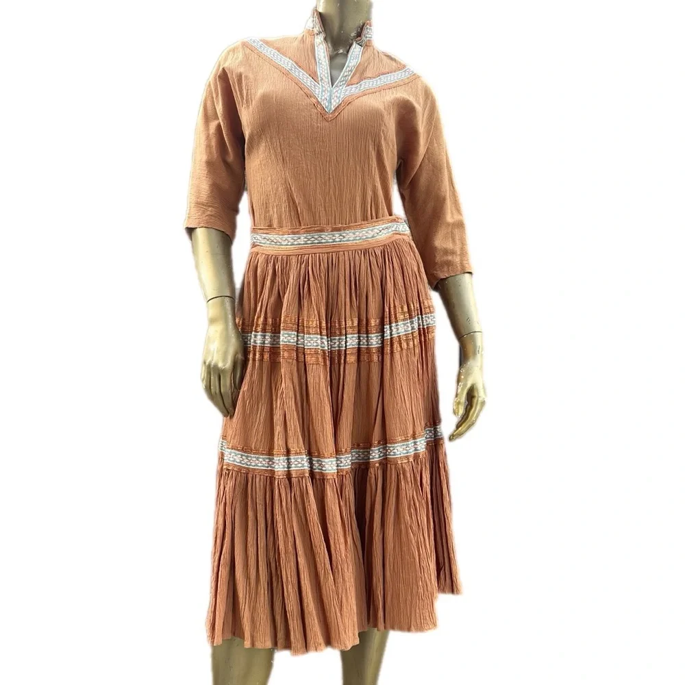 VINTAFE GEORGIE OF ARIZONA GAUZE & COPPER METALLIC PATIO DRESS 2-PIECE SKIRT SET